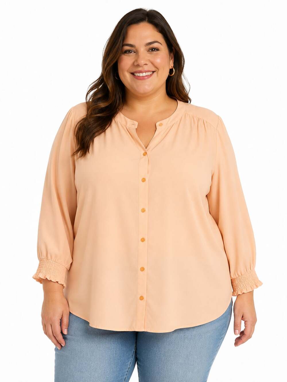 Chico's Peach Long Sleeve Button Front Blouse with Smocked Cuffs